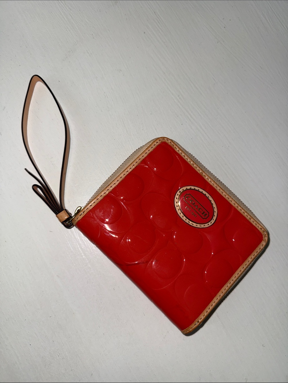 Coach Orange Patent Leather wallet Wristlet with Tan Trim